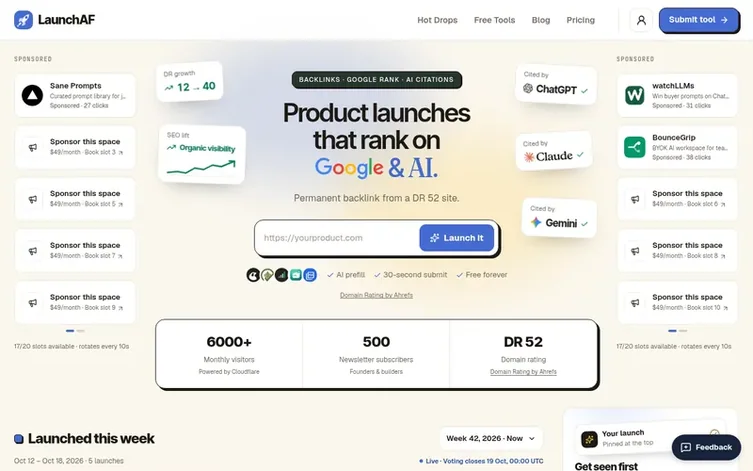 Screenshot of the LaunchAF homepage